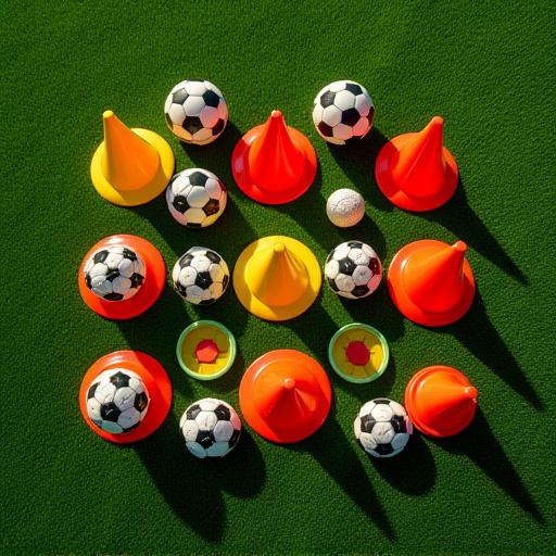 Set di coni, cinesini e palloni per un allenamento di calcio